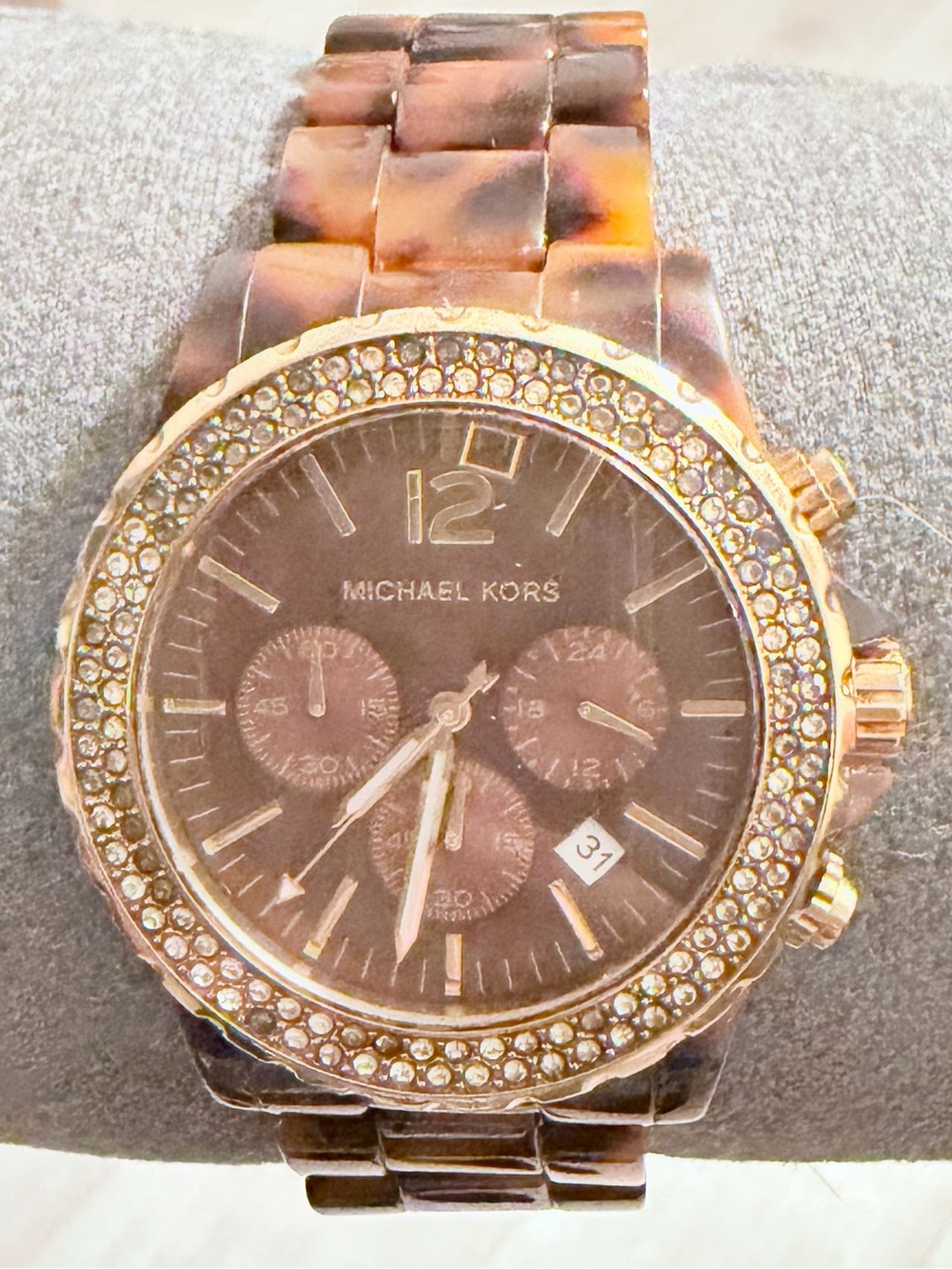 Michael Kors Tortoiseshell and Rose Gold Crystal-Trim Bracelet Watch